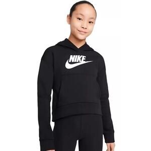 NIKE Girls Club Fleece Pullover Hoodie Medium Black White Sweatshirt NWT